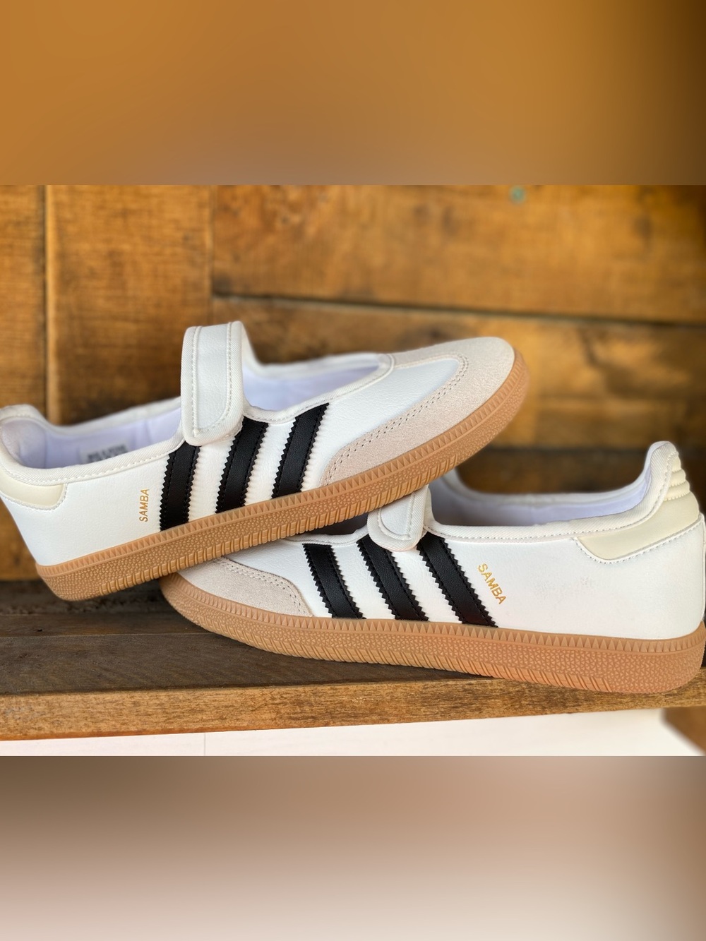 adidas Kids White & Black Samba Velcro Sneakers with Gum Sole